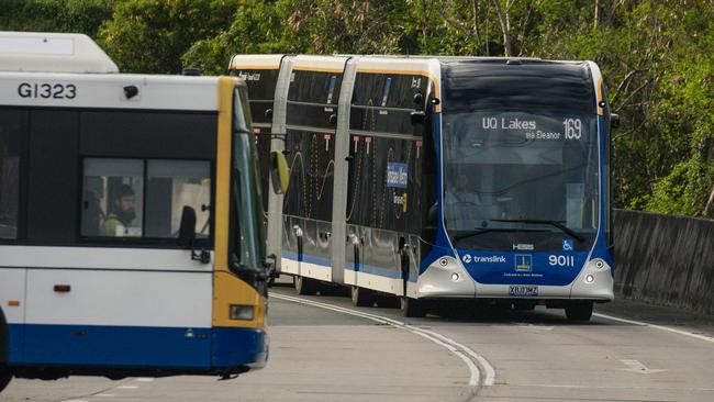 A Brisbane Metro vehicle on the busy 169 bus route between Eight Mile Plains and UQ. Picture: Glenn Campbell/NCA NewsWire