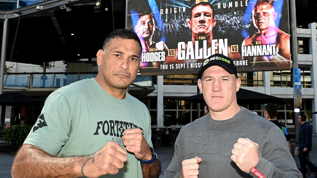 Justin Hodges and Paul Gallen will square off in the ring on September 15. Picture: Bradley Kanaris/Getty Images