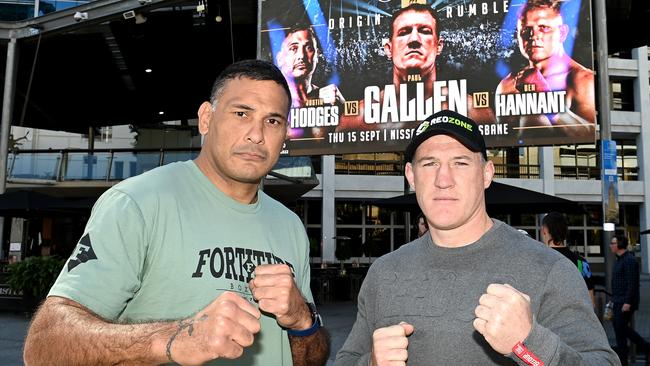 Justin Hodges and Paul Gallen will square off in the ring on September 15. Picture: Bradley Kanaris/Getty Images