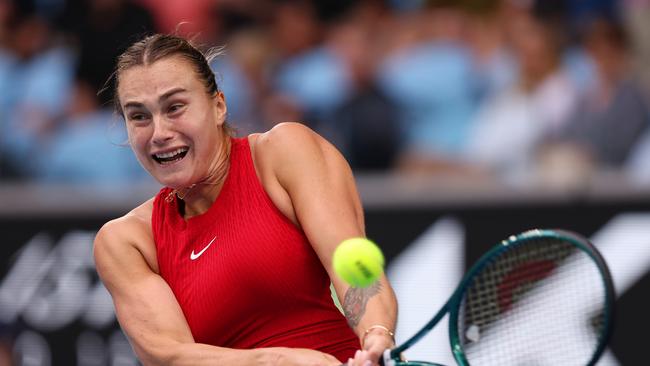 Aryna Sabalenka powers a backhand against Anisimova. Picture: Getty