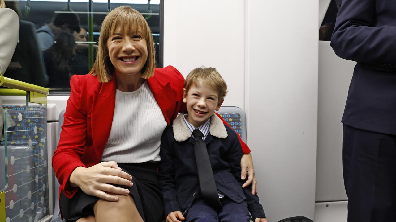 Pictured at Sydenham Station is NSW Transport Minister Jo Haylen with her son Dylan Williams who were among the first passengers on the brand new Sydney Metro on its maiden run to Tallawong at 4.54am. Picture: Richard Dobson