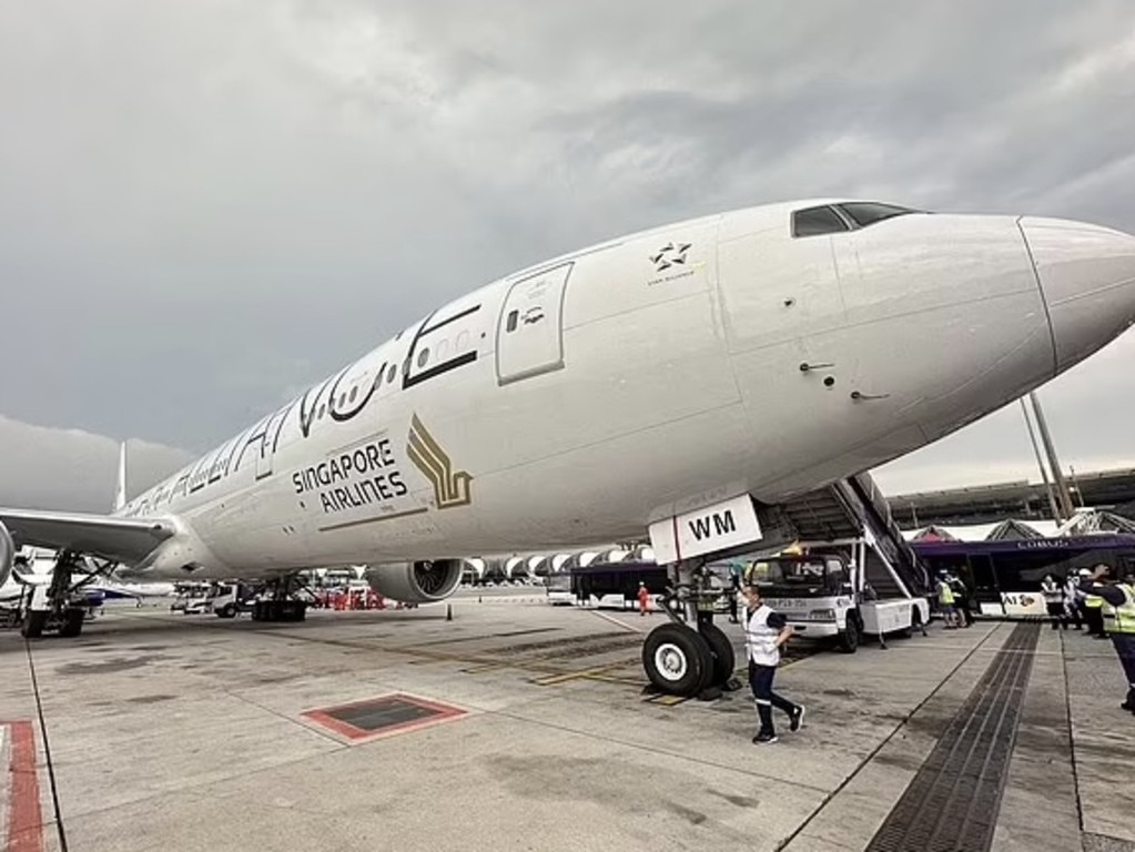 Singapore Airlines flight SQ321 is seen on the tarmac in Bangkok after an emergency landing after the turbulence event on its flight to Singapore. Picture: Twitter