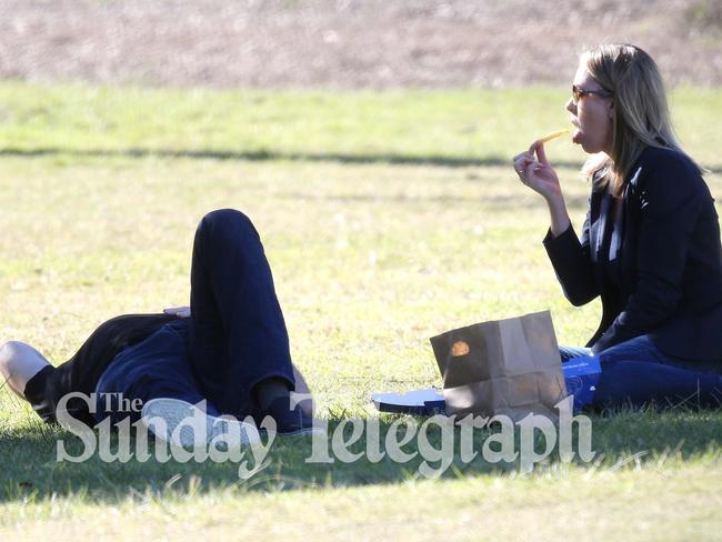 Marks enjoys a lie down while Ms Routledge has her lunch. Picture: Supplied