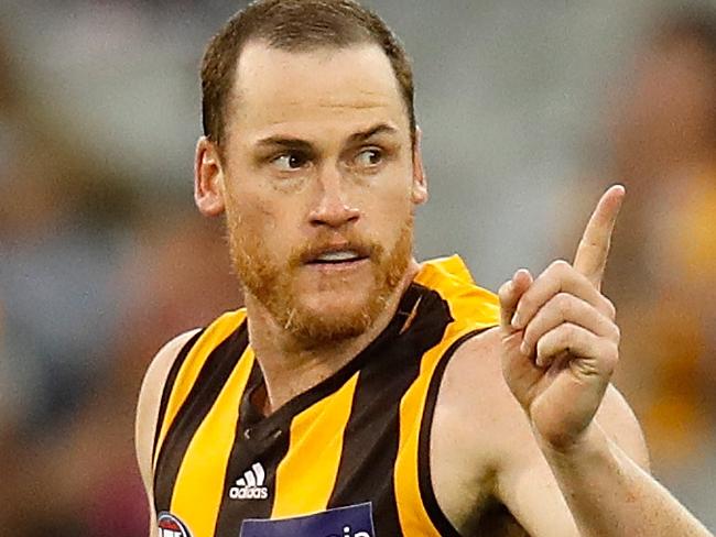 MELBOURNE, AUSTRALIA - APRIL 23: Jarryd Roughead of the Hawks celebrates a goal during the 2017 AFL round 05 match between the Hawthorn Hawks and the West Coast Eagles at the Melbourne Cricket Ground on April 23, 2017 in Melbourne, Australia. (Photo by Michael Willson/AFL Media/Getty Images)