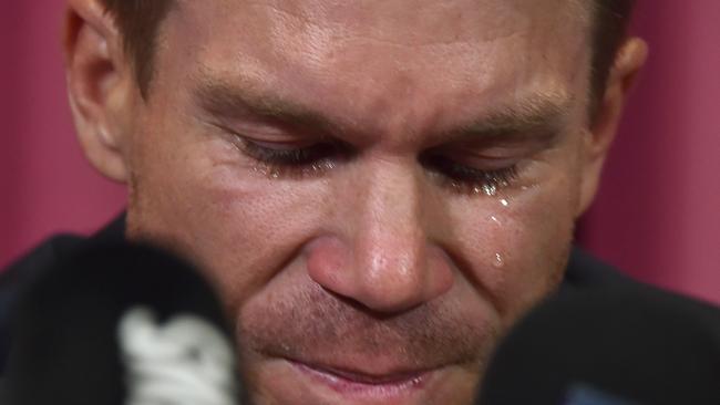 David Warner addresses the media following his 12 month ban. Picture: AFP 