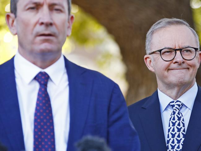 FEDERAL ELECTION TEAM 2022. LABOR BUS TOUR 16/5/22Federal Labor leader Anthony Albanese pictured in Perth today visiting Bentley Health Services talking with nurses and WA Premier Mark McGowan.  Picture: Sam Ruttyn