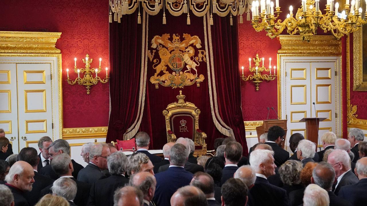 Members of the Privy Council gather in the Throne Room for stage two of the Accession Council ceremony inside St James's Palace in London. Picture: Jonathan Brady/Pool/AFP