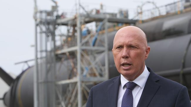 Minister for Defence Peter Dutton at ASC North inspecting HMAS Dechaineux, a Collins Class Submarine in Osborne, SA on April 18. Picture: Emma Brasier