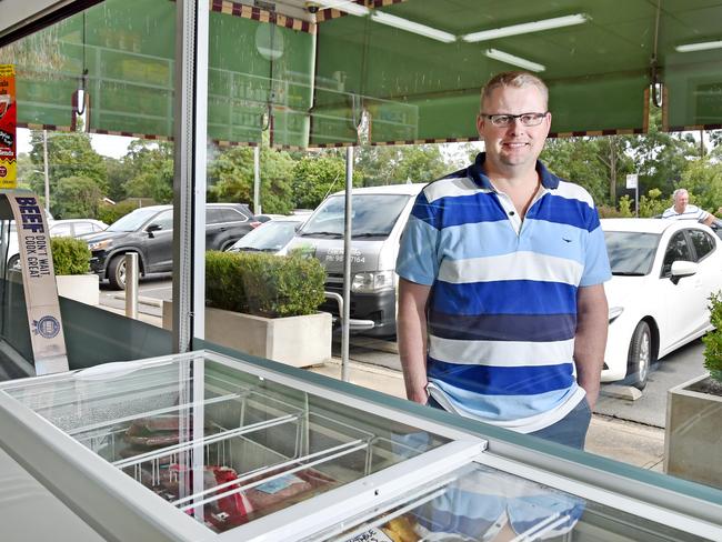 Steve's Fine Meats owner Steve Rosevear outside his Carmen Drive butchery at Carlingford. Shops are struggling due to congestion from commuters parking outside their stores. Picture: Troy Snook