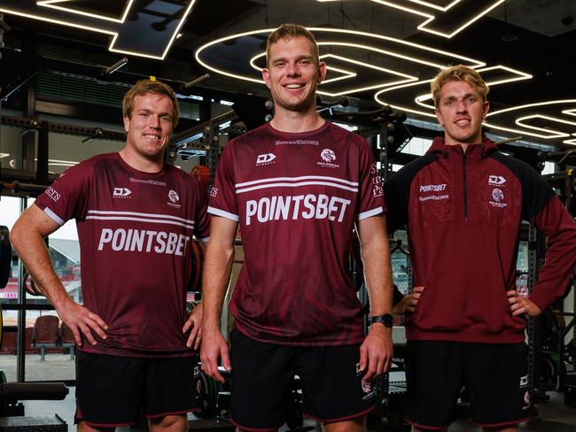 Manly Sea Eagles brothers Jake, Tom and Ben Trbojevic, at 4 Pines Oval, Brookvale, today. Picture: Justin Lloyd.