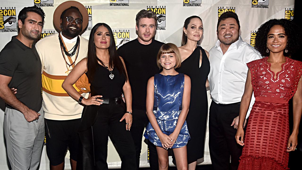 Kumail Nanjiani, Brian Tyree Henry, Salma Hayek, Richard Madden, Lia McHugh, Angelina Jolie, Don Lee and Lauren Ridloff of Marvel Studios' The Eternals at the San Diego Comic-Con in 2019. Picture: Alberto E. Rodriguez/Getty Images for Disney