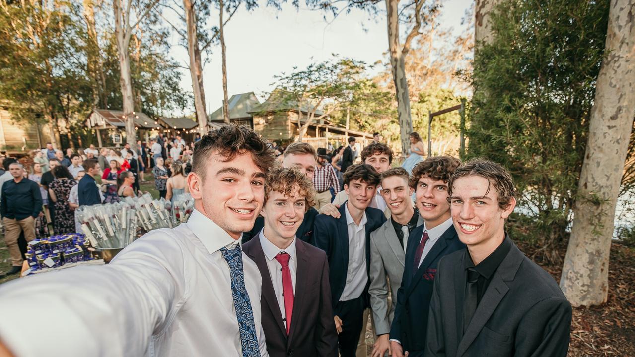 Riley McMillan, Declan Martin, Jacob Barbeler, Daniel Fielding, Mitchel Hart, Dylan Foale, Brayden Bell, and Blair Foale celebrate graduating from Glasshouse Christian College. Picture: Jordan Bull