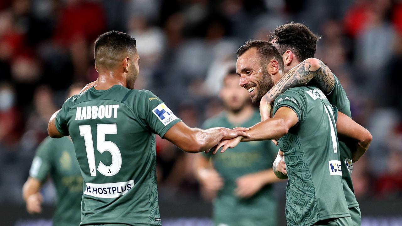 Florin Berenguer celebrates with his Melbourne City teammate Andrew Nabbout. Picture: Brendon Thorne/Getty Images