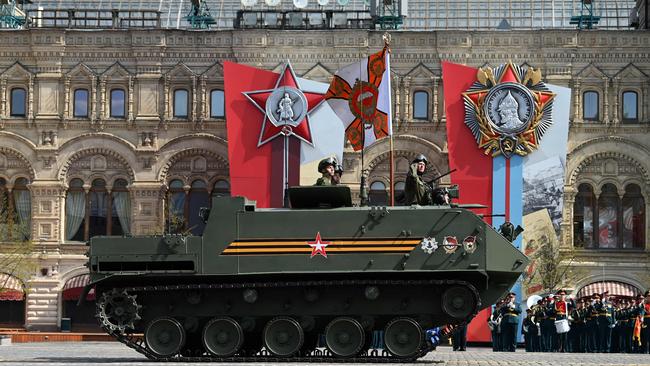 A Russian BTR-MDM Rakushka airborne armoured personnel carrier parades through Red Square during a rehearsal of the Victory Day military parade. Picture: AFP.