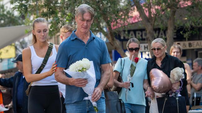 Ash Good’s loved ones at the memorial in Bondi Junction on Tuesday. Picture: Thomas Lisson