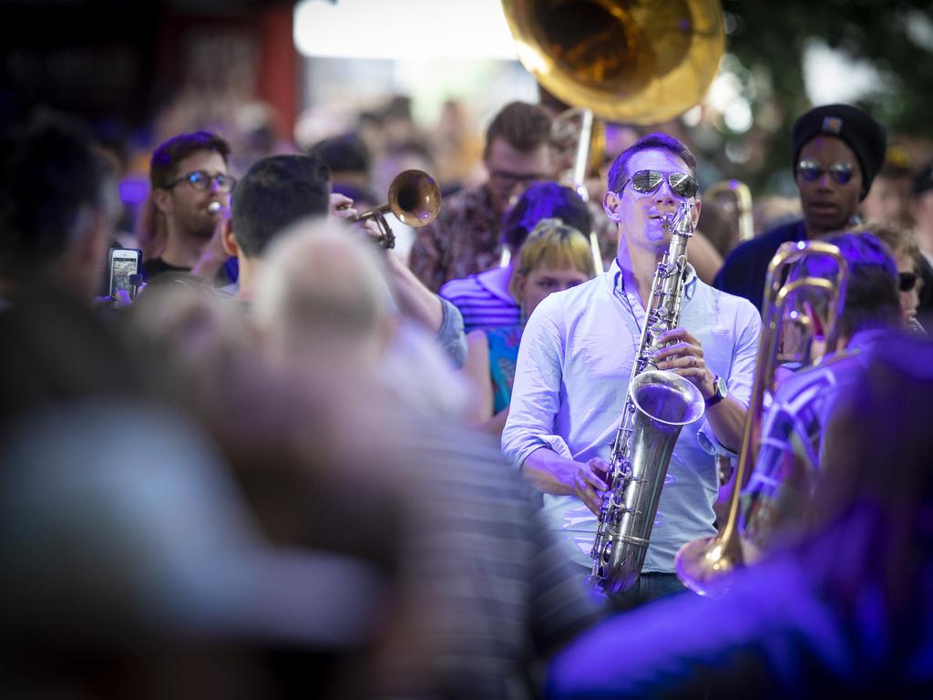 Musicians snake their way through PW1 at day 5 of the Taste of Tasmania. Picture: LUKE BOWDEN