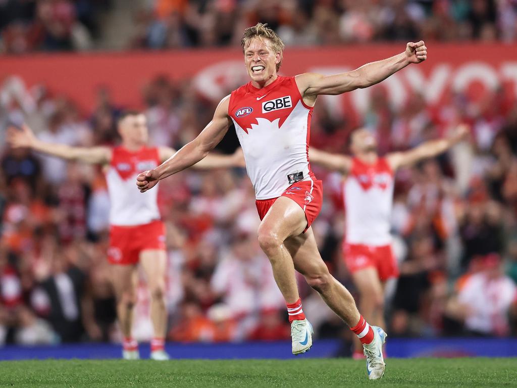 SYDNEY, AUSTRALIA - SEPTEMBER 07:  Isaac Heeney of the Swans celebrates a goal during the AFL First Qualifying Final match between Sydney Swans and Greater Western Sydney Giants at Sydney Cricket Ground, on September 07, 2024, in Sydney, Australia. (Photo by Matt King/AFL Photos/via Getty Images)