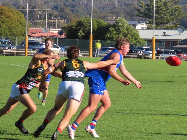 South Launceston's Lachie Cocker is tackled during Saturday's loss to Bridgenorth. Picture: Jon Tuxworth