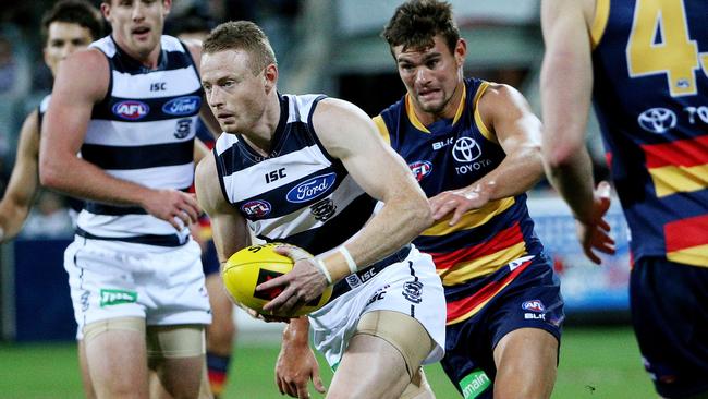 NAB Challenge- Geelong v Adelaide at Simonds Stadium, Sam Blease in action. 12th March 2015. Picture: Colleen Petch.