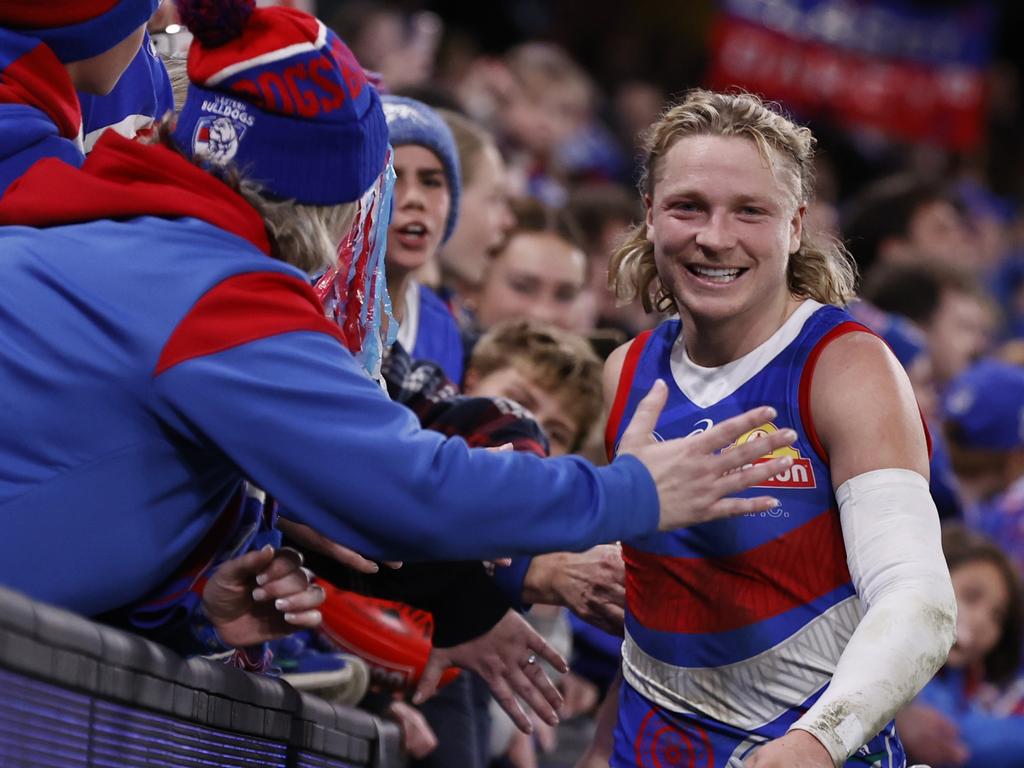 MELBOURNE, AUSTRALIA – JULY 13: Cody Weightman of the Bulldogs acknowledges the fans after the round 18 AFL match between Western Bulldogs and Carlton Blues at Marvel Stadium, on July 13, 2024, in Melbourne, Australia. (Photo by Darrian Traynor/AFL Photos/via Getty Images)