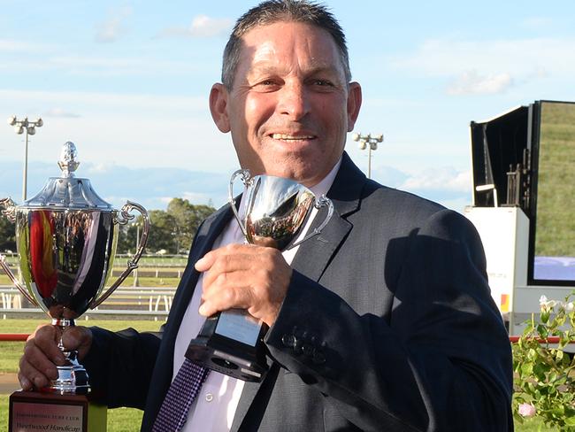 Tony Sears with James Orman after Choice Bro's win in the Weetwood Handicap at Toowoomba. Picture: Grant Peters, Trackside Photography