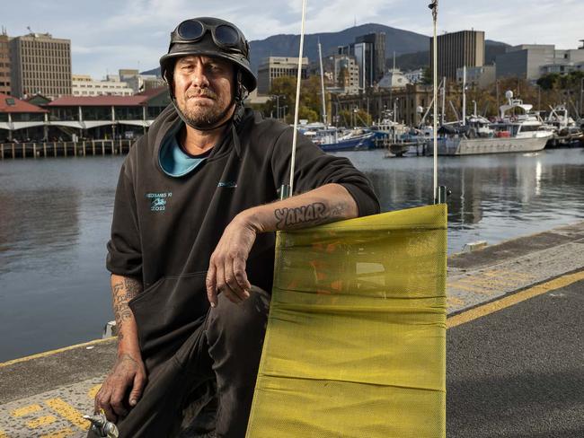 Lenny Deacon at Hobart waterfront is a former sheep shearer from King Island who is cycling around Australia to raise awareness for mental health. Picture: Caroline Tan