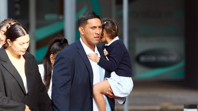 Former Queensland and Gold Coast Titans player Oshae Jackson Tuiasau at the Brisbane Supreme Court where he is facing charges of one count of unlawful striking causing death. Picture: NewsWire/Tertius Pickard