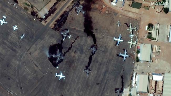 Destroyed planes at Khartoum International Airport. Picture: Maxar Technologies / AFP