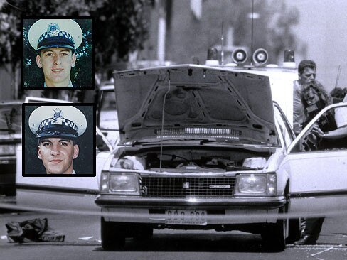 Damian Eyre (inset, bottom left) and Steven Tynan (inset, top left) after responding to a call about a stolen car. Picture: HWT Image Library