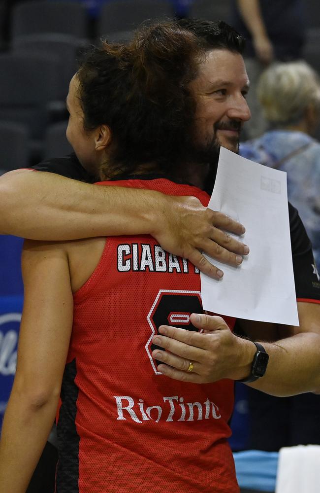 Alex Ciabattoni of the Lynx celebrates with Lynx Coach Ryan Petrik after winning the round 15 WNBL match between Townsville Fire and Perth Lynx at Townsville Entertainment Centre, on February 16, 2025, in Townsville, Australia. (Photo by Ian Hitchcock/Getty Images)