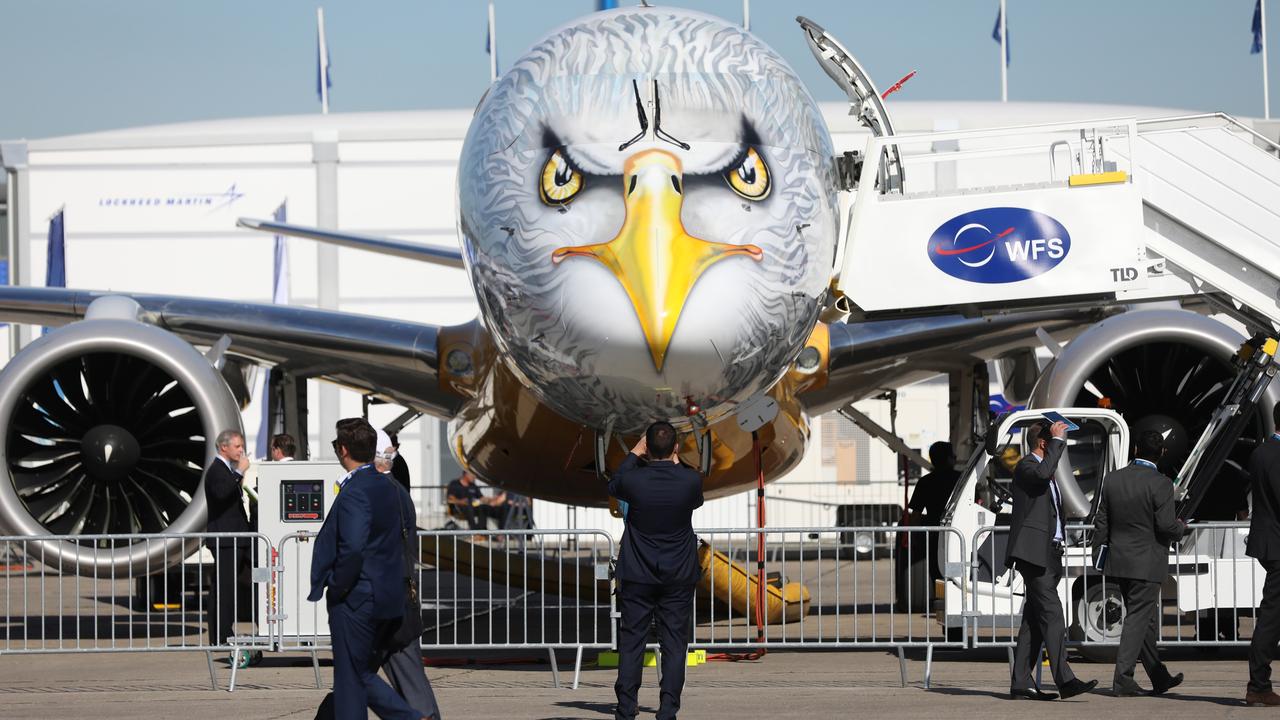 An eagle design on an another type of Embraer plane, the SA E195-E2, on display during the 53rd International Paris Air Show in Paris, France, in 2017. Picture: Bloomberg