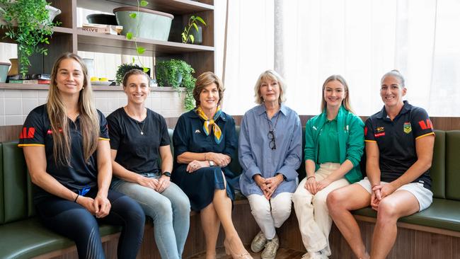 From left: Kezie Apps (NRLW), Gabi Simpson (netball), MInerva founder Christine McLoughlin, Harvey Norman CEO Katie Page, Saskia Broudelet (rhythmic gymnastics) and Ali Brigginshaw (NRLW). Picture: Jacob Watson