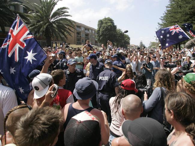 Police attempt to calm the crowd in Cronulla. Picture: News Corp Australia