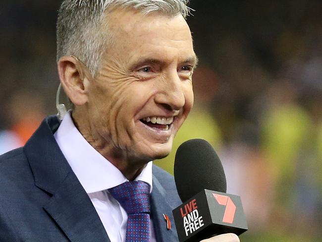 AFL Round 15. 28/06/2018.  Richmond v Sydney at Etihad Stadium.  Channel 7 commentator Bruce McAvaney talks with Cameron Ling  . Pic: Michael Klein