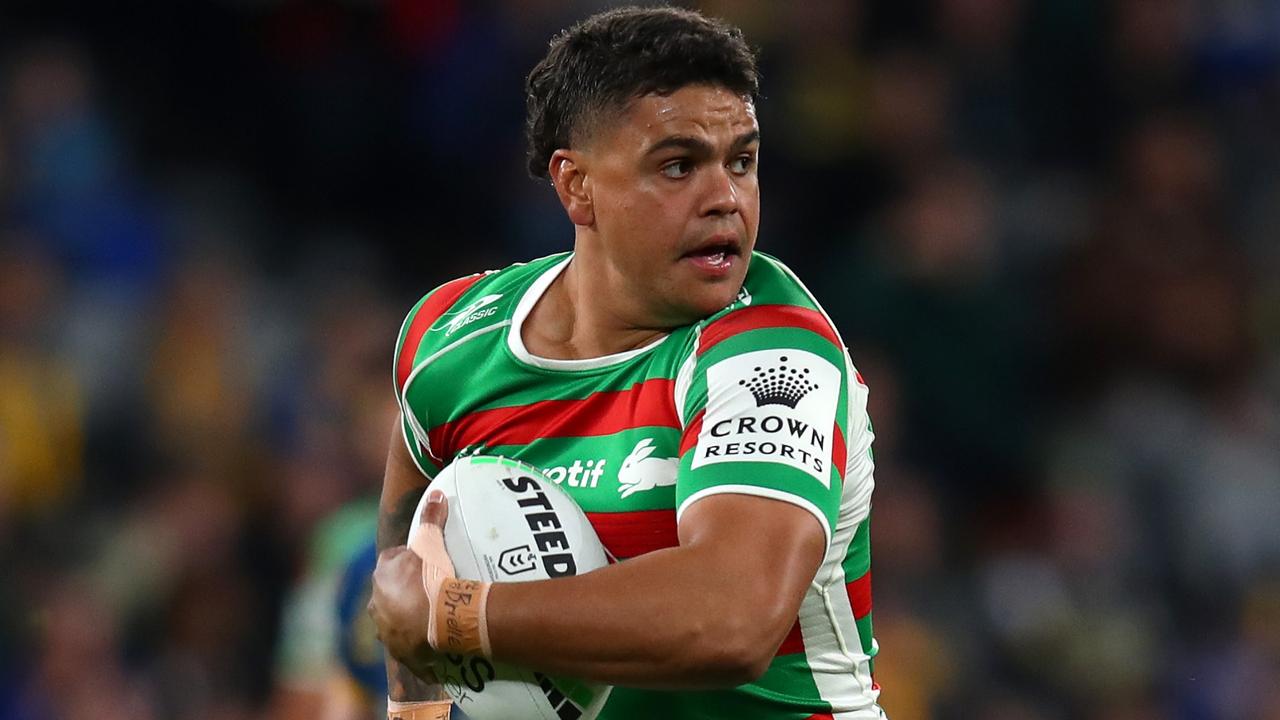 SYDNEY, AUSTRALIA - AUGUST 12: Latrell Mitchell of the Rabbitohs makes a break during the round 22 NRL match between the Parramatta Eels and the South Sydney Rabbitohs at CommBank Stadium on August 12, 2022, in Sydney, Australia. (Photo by Jason McCawley/Getty Images)