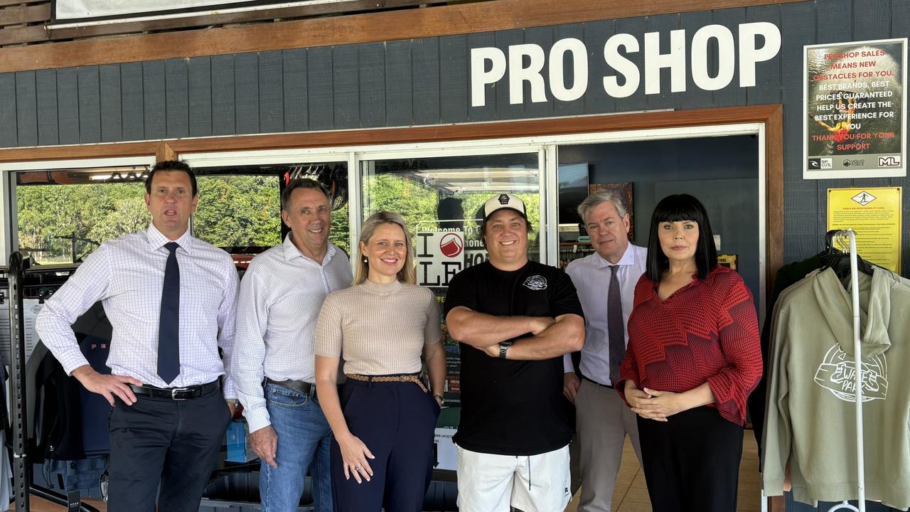 Shadow Minister for Police Dan Purdie, LNP Cook candidate David Kempton, Barron river candidate Bree James, Cairns Wake Park Owner Adam Homer, Shadow Attorney-General Tim Nicholls and Cairns candidate Yolonde Entsch. Photo: Dylan Nicholson
