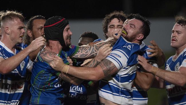 Leprechauns’ Aaron Jolley and Brothers’ Nick Harrold were involved in a bit of push and shove in the Cairns District Rugby League major semi-final between Cairns Brothers and Innisfail Leprechauns at Barlow Park. Picture: Brian Cassey