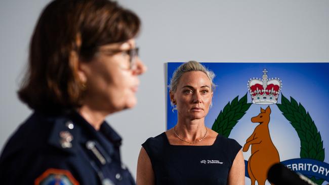 NT Police Superintendent Sonia Kennon and Bureau of Meteorology forecaster Shenagh Gamble give an update as Cyclone Megan bears down on Borroloola on Monday, March 18. Picture: Zizi Averil