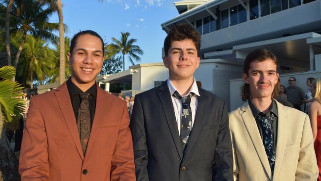 Ivan Anno, Lachie Griffiths and Jack Whichmann at Mirani State High School formal at Ocean International on September 8, 2023. Photo: Zoe Devenport