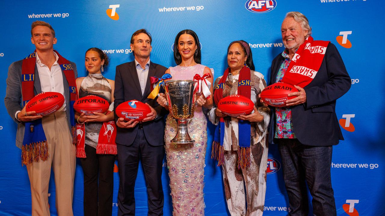 Cody Simpson, Zipporah Corser-Anu, Katy Perry, Christine Anu and Mike Brady met with AFL chief executive Andrew Dillon ahead of Saturday’s festivities at the MCG. Picture:NewsWire/Nadir Kinani