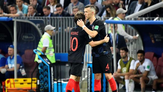 Sharing a moment … Croatia's midfield talisman Luka Modric (left) and their imposing forward Ivan Perisic. Photo: AFP