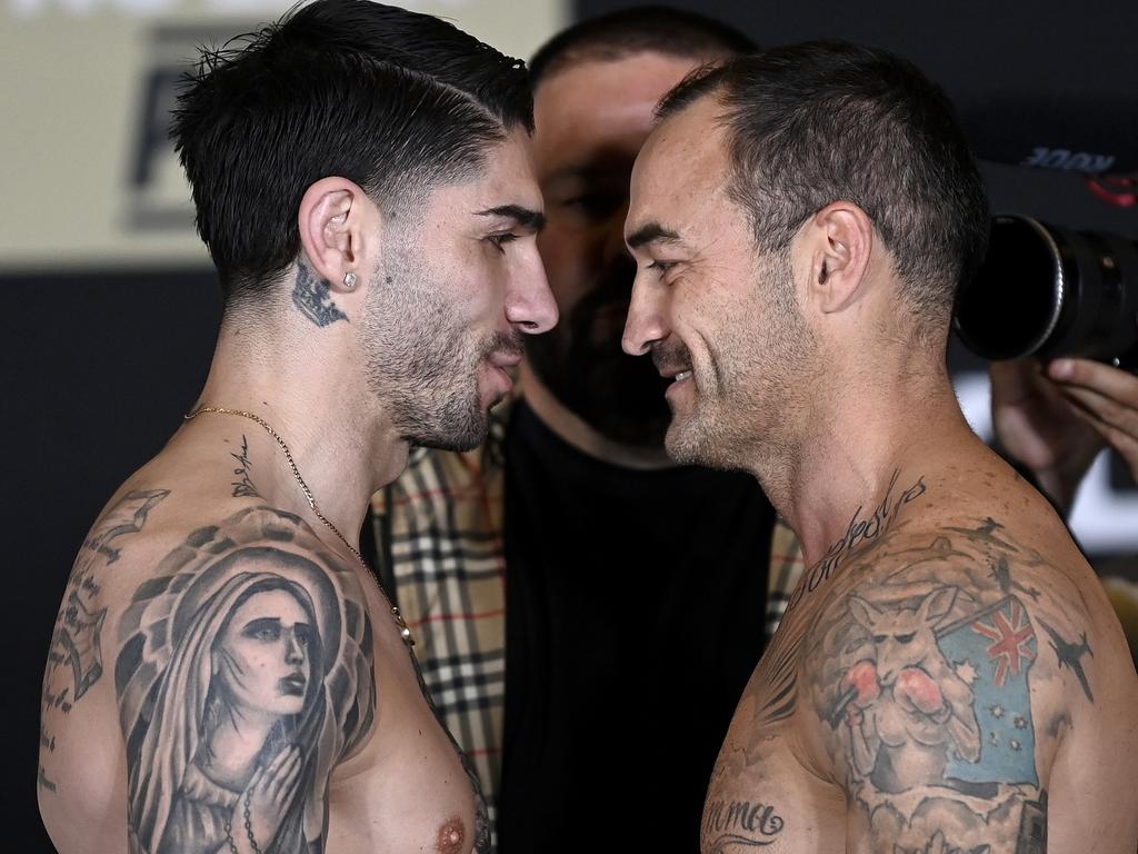 Michael Zerafa and Tommy Browne exchange pleasantries. Pictures: No Limit Boxing/Gregg Porteous