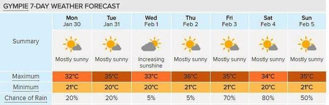 BRIGHT & SUNNY: Gympie's seven-day forecast, courtesy of Weatherzone. Picture: Contributed