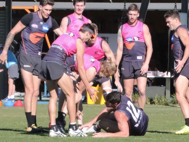 Giants Jon Patton shortly after he ruptured the ACL earlier this year.