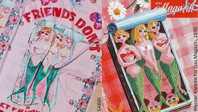 Cult Queensland fashion label Sabbi (left) is facing mounting criticism, with online influencers accusing the brand of copying other brands and artists, including German artist Werner Klemke’s 1955 Das Magazin cover (right).