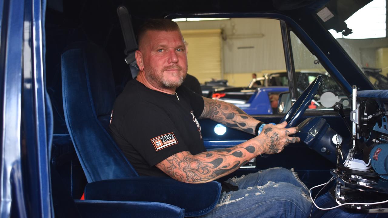 The Gold Coast's Ben Atkinson at the wheel of his 1984 Dodge Ram van at scrutineering for Rockynats 04 at the Rockhampton Showgrounds on March 28, 2024.