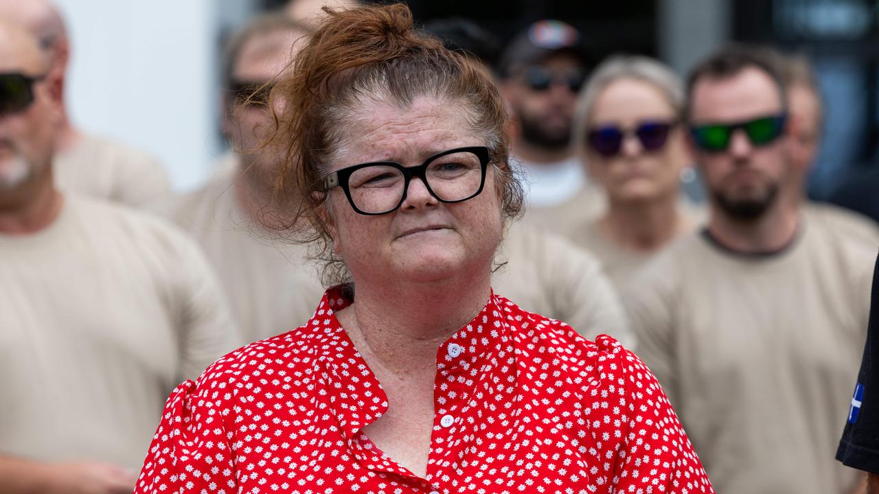 United Workers Union NT secretary Erina Early standing outside NT Parliament House with more than 40 Corrections officers on Tuesday February 11, 2025. Picture: Pema Tamang Pakhrin