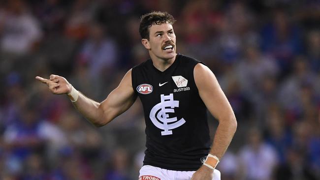 Mitch McGovern after kicking a goal against the Western Bulldogs in Round 5. Picture: AAP Image/Julian Smith