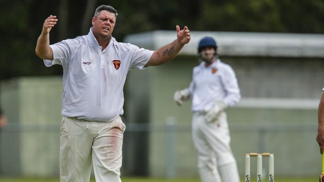 Delacombe Park bowler Ricky Ramsdale gestures during the grand final.