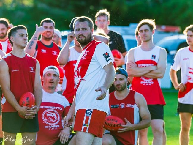 Tom Lynch, at the back, offered some valuable advice at Sorrento's first pre-season training session. Picture: David Caspar